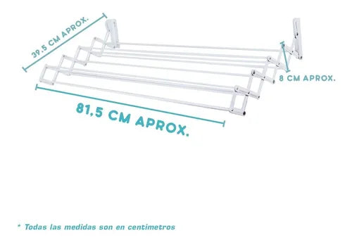 Tendedero 5 barras extensible para pared de acero, 8 metros de tendido